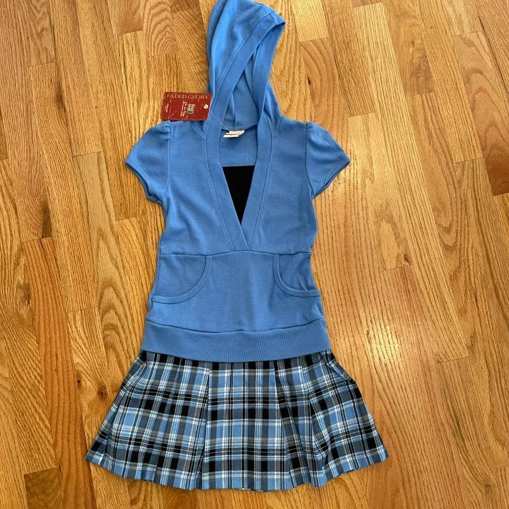 Faded Glory Originals Girls Blue Hoodie Plaid Short Sleeve Dress Size 7 NWT